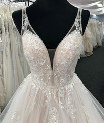 White Tulle V Neck Open Back Long Layered Wedding Dress-misshow.com