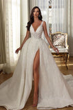 White V-neck Sleeveless Sequined Split Wedding Dress With Train-misshow.com