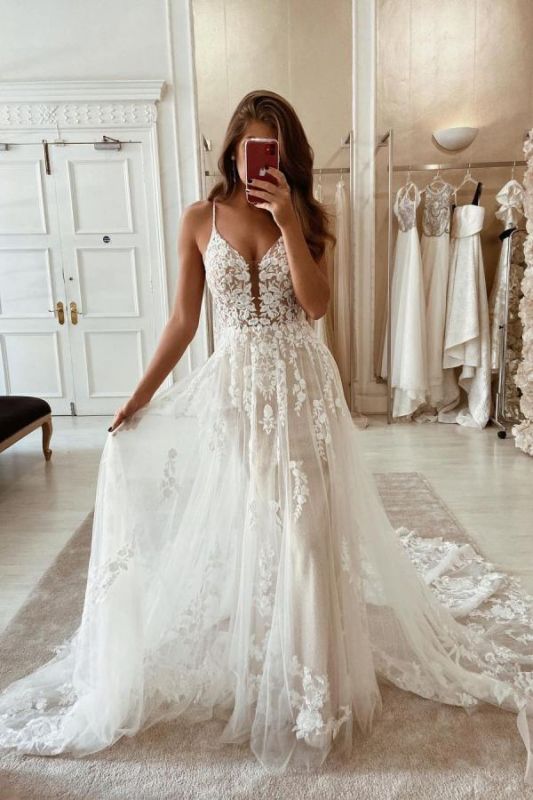 Wonderful Spaghetti Straps Appliques Tulle A-Line Wedding Dresses-misshow.com