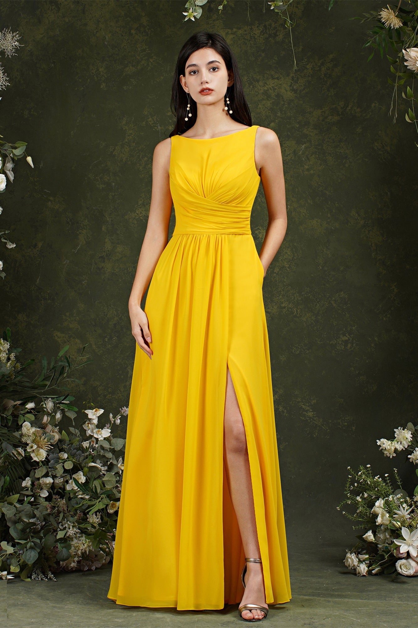 Yellow Bateau A-Line Chiffon Ruffles Split Floor-length Bridesmaid Dress With Pockets-misshow.com