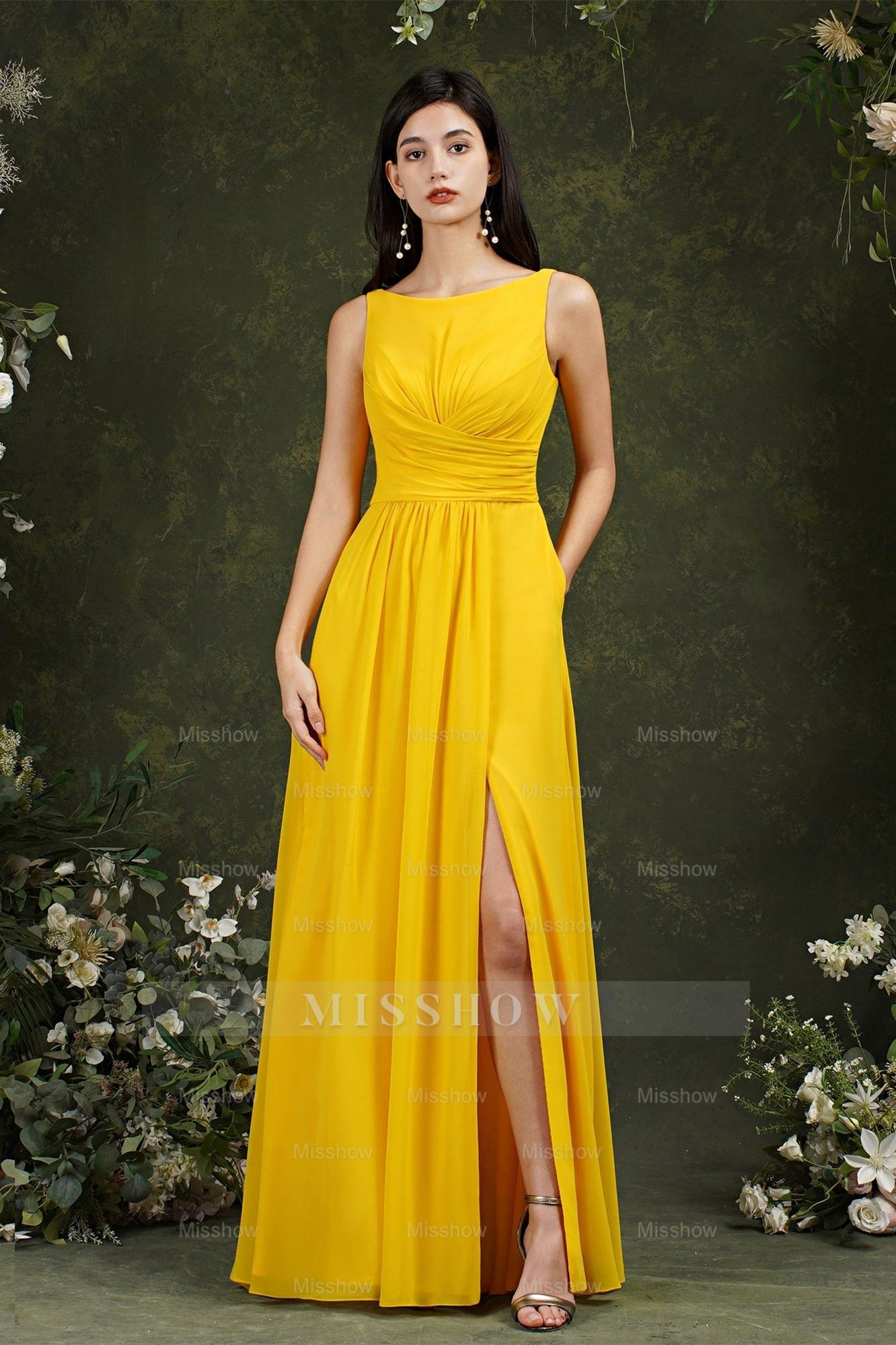Yellow Bateau A-Line Chiffon Ruffles Split Floor-length Bridesmaid Dress With Pockets Yellow Bateau A-Line Chiffon Ruffles Split Floor-length Bridesmaid Dress With Pockets