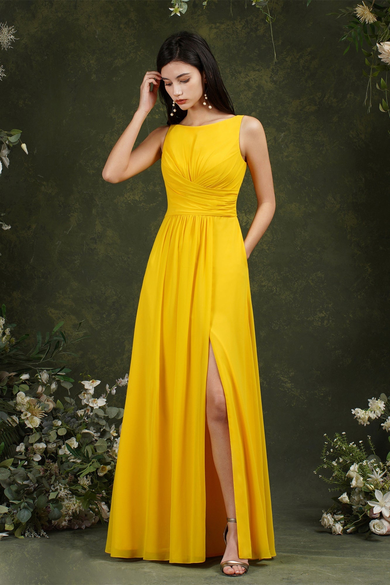 Yellow Bateau A-Line Chiffon Ruffles Split Floor-length Bridesmaid Dress With Pockets-misshow.com