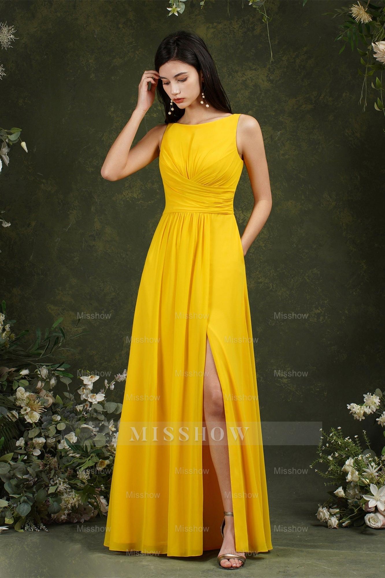 Yellow Bateau A-Line Chiffon Ruffles Split Floor-length Bridesmaid Dress With Pockets Yellow Bateau A-Line Chiffon Ruffles Split Floor-length Bridesmaid Dress With Pockets