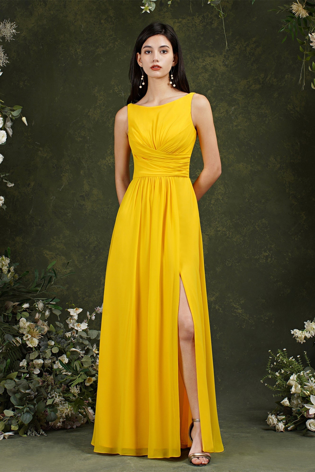 Yellow Bateau A-Line Chiffon Ruffles Split Floor-length Bridesmaid Dress With Pockets-misshow.com