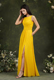 Yellow Bateau A-Line Chiffon Ruffles Split Floor-length Bridesmaid Dress With Pockets-misshow.com