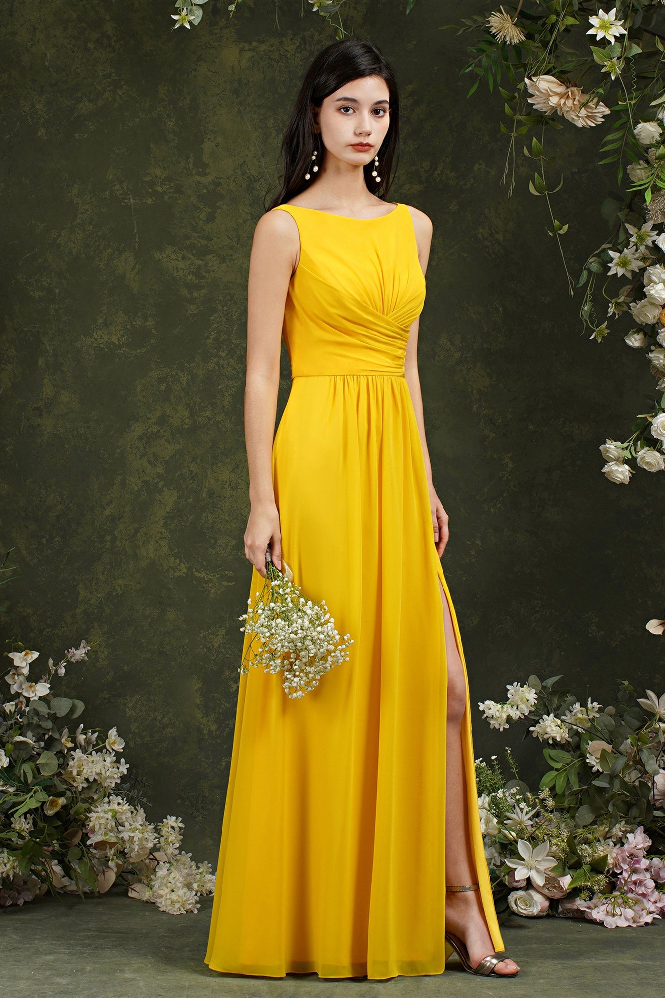 Yellow Bateau A-Line Chiffon Ruffles Split Floor-length Bridesmaid Dress With Pockets-misshow.com