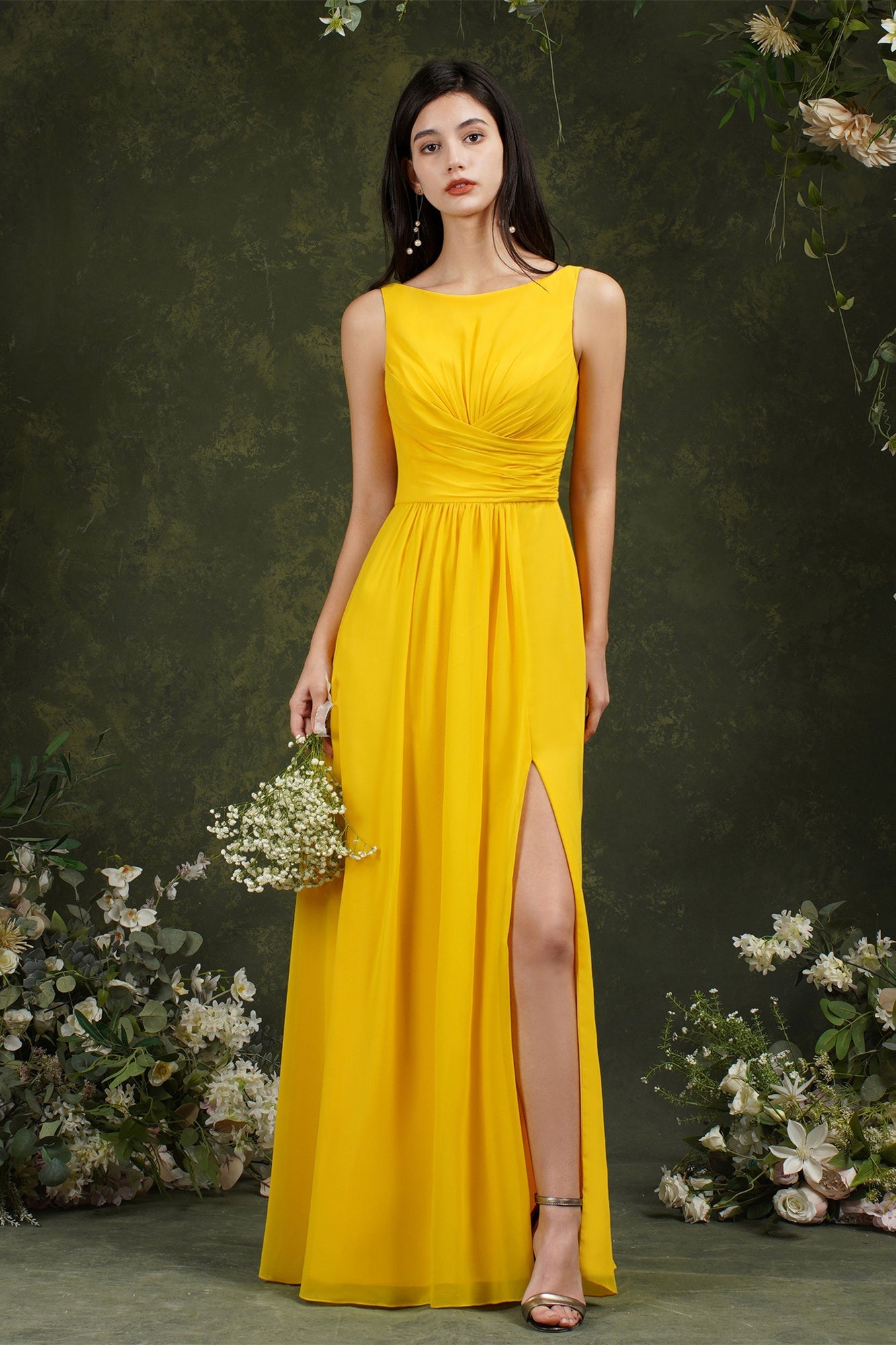 Yellow Bateau A-Line Chiffon Ruffles Split Floor-length Bridesmaid Dress With Pockets-misshow.com
