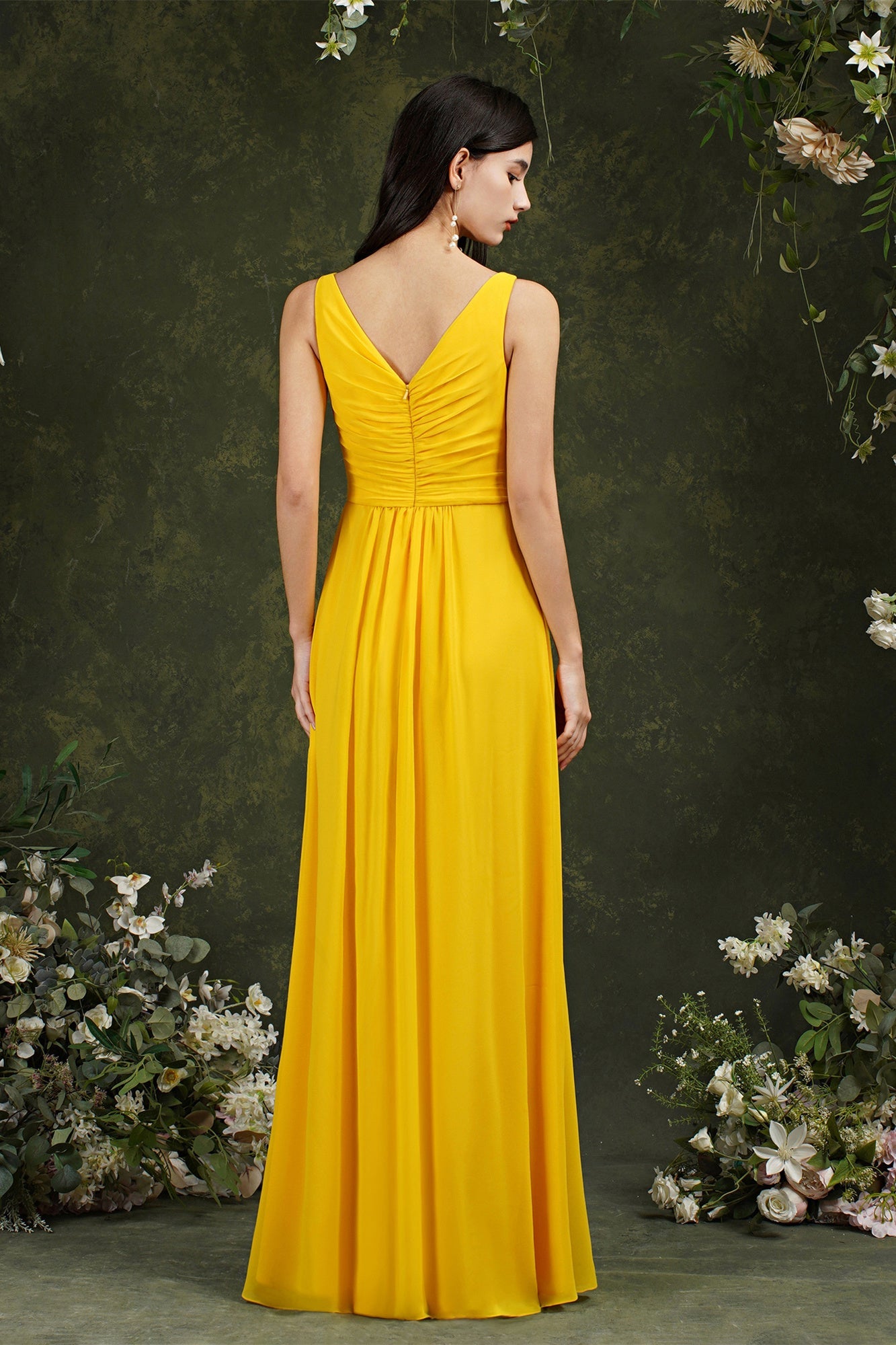 Yellow Bateau A-Line Chiffon Ruffles Split Floor-length Bridesmaid Dress With Pockets-misshow.com