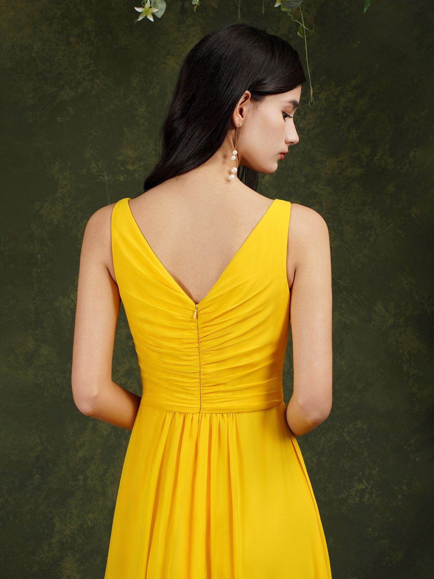 Yellow Bateau A-Line Chiffon Ruffles Split Floor-length Bridesmaid Dress With Pockets-misshow.com