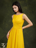 Yellow Bateau A-Line Chiffon Ruffles Split Floor-length Bridesmaid Dress With Pockets-misshow.com