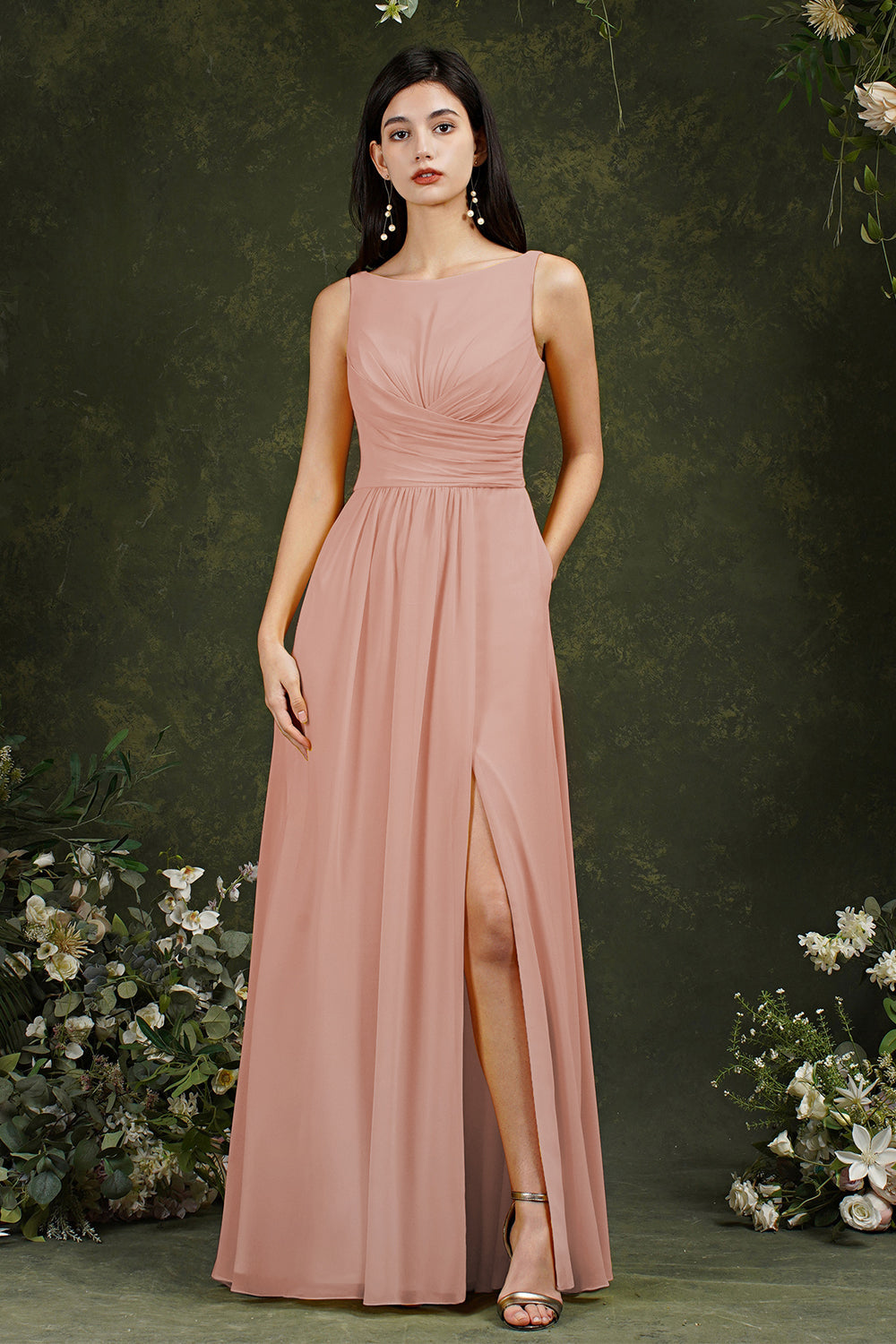 Yellow Bateau A-Line Chiffon Ruffles Split Floor-length Bridesmaid Dress With Pockets-misshow.com