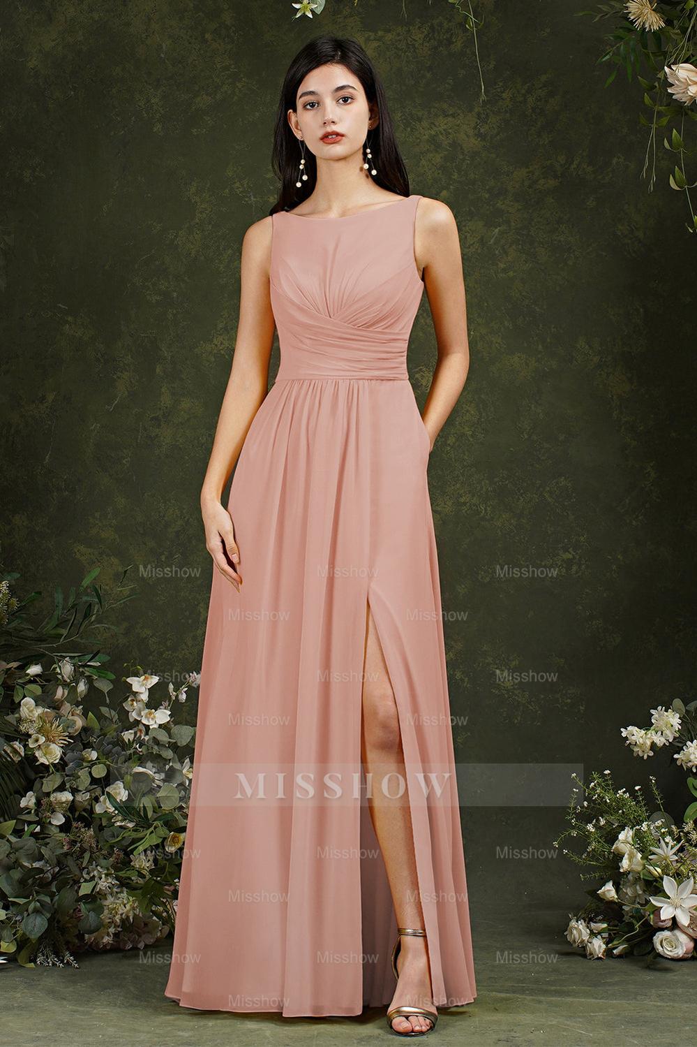 Yellow Bateau A-Line Chiffon Ruffles Split Floor-length Bridesmaid Dress With Pockets Yellow Bateau A-Line Chiffon Ruffles Split Floor-length Bridesmaid Dress With Pockets