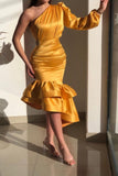 Yellow Gorgeous One Shoulder Mermaid Prom Dresses with Ruffle-misshow.com