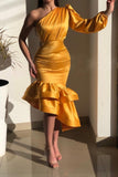 Yellow Gorgeous One Shoulder Mermaid Prom Dresses with Ruffle-misshow.com