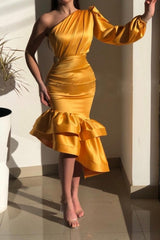 Yellow Gorgeous One Shoulder Mermaid Prom Dresses with Ruffle-misshow.com