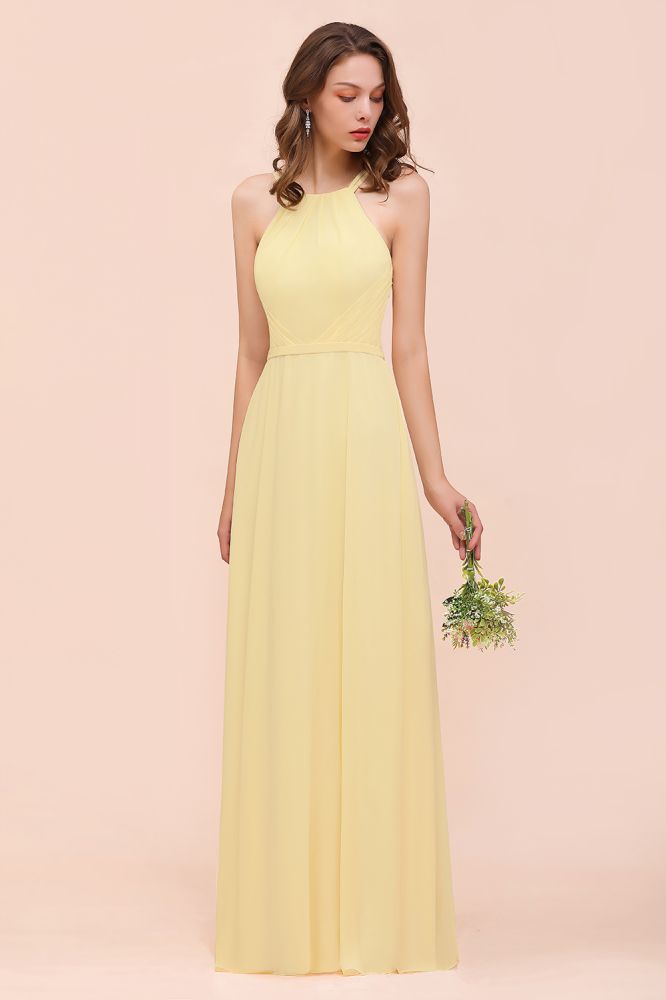 Yellow Sleeveless Chiffon Bridsmaid Dress Simple Wedding Dress-misshow.com